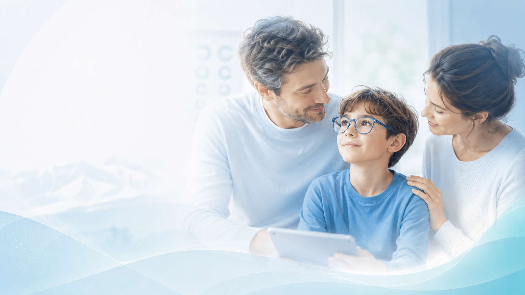 Familia con niño con gafas — control de miopía